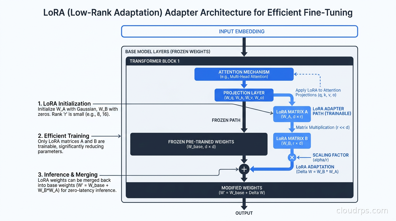 LoRA adapter architecture showing frozen base model weights with trainable low-rank A and B matrices applied to attention projection layers