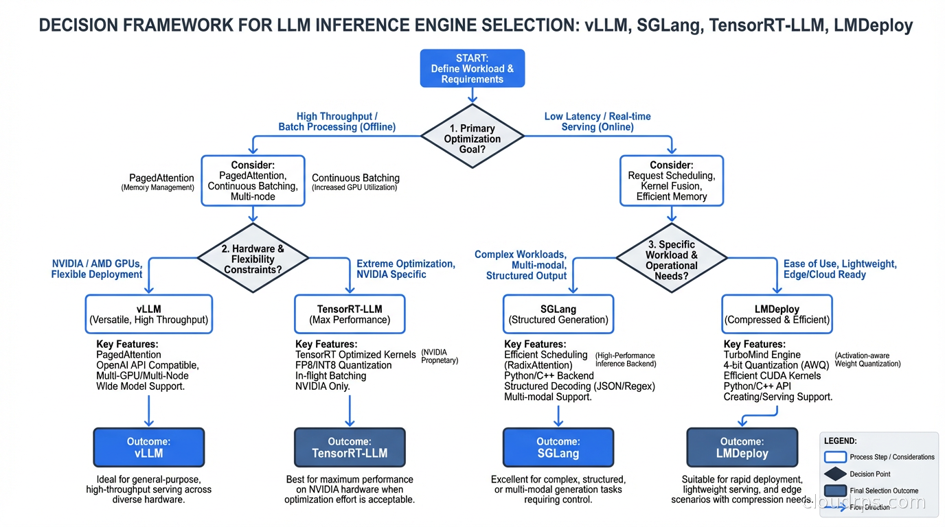 Decision framework flowchart for choosing between vLLM, SGLang, TensorRT-LLM, and LMDeploy based on workload type, hardware constraints, and operational requirements
