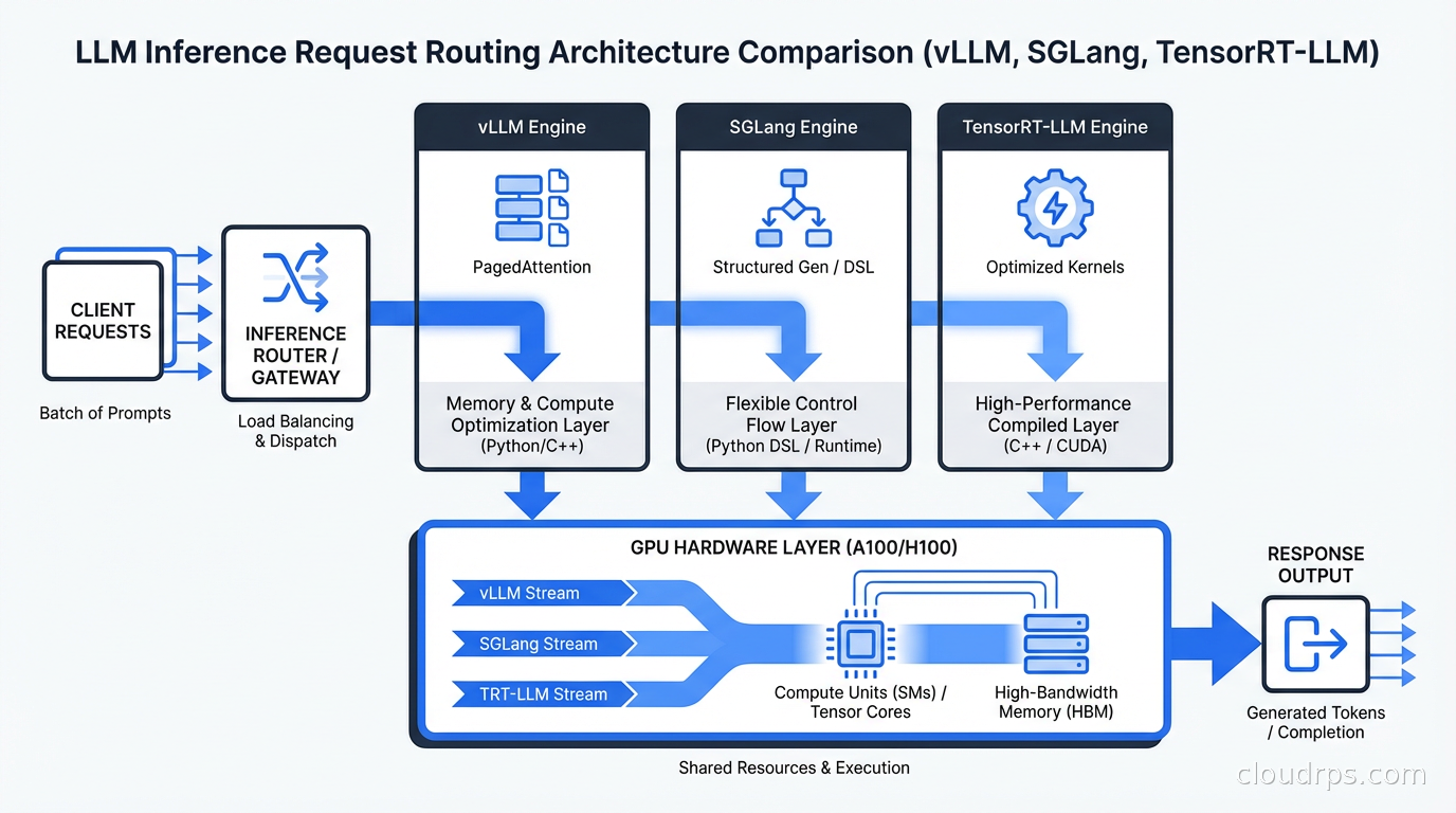 Diagram comparing LLM inference engines vLLM, SGLang, and TensorRT-LLM routing requests through GPU hardware layers