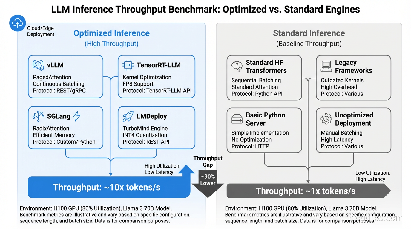 Throughput benchmark comparison across vLLM, SGLang, TensorRT-LLM, and LMDeploy running Llama 3 70B on H100 GPU at 80% utilization
