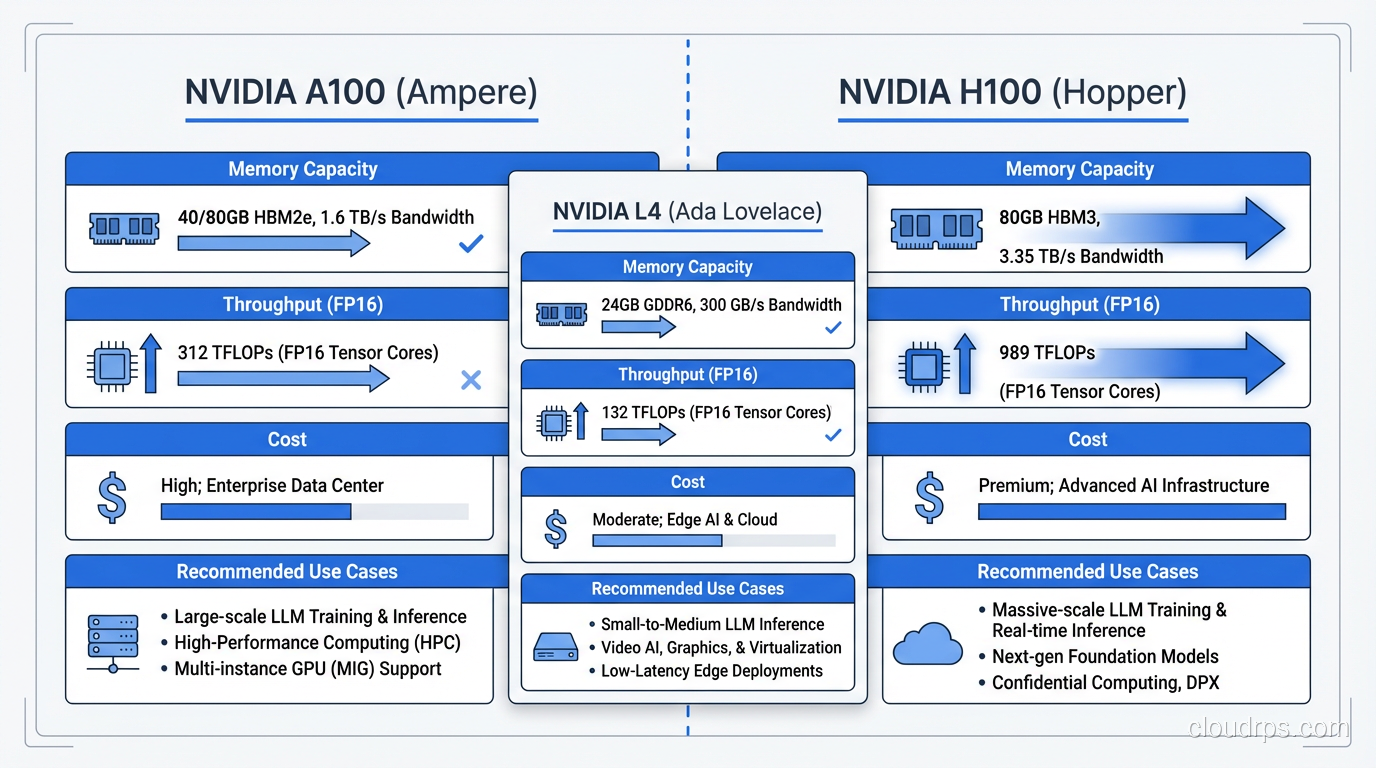 Comparison chart of GPU options for LLM inference workloads, showing the NVIDIA A100, H100, and L4 across memory capacity, throughput, cost, and recommended use cases