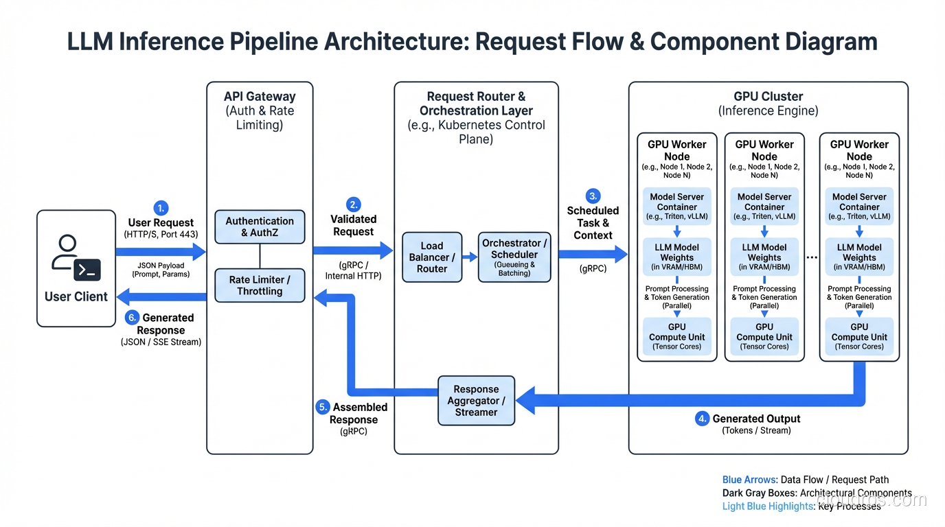 Diagram of the LLM inference pipeline showing how a user request flows through the API gateway, request router, and GPU cluster before a generated response is returned