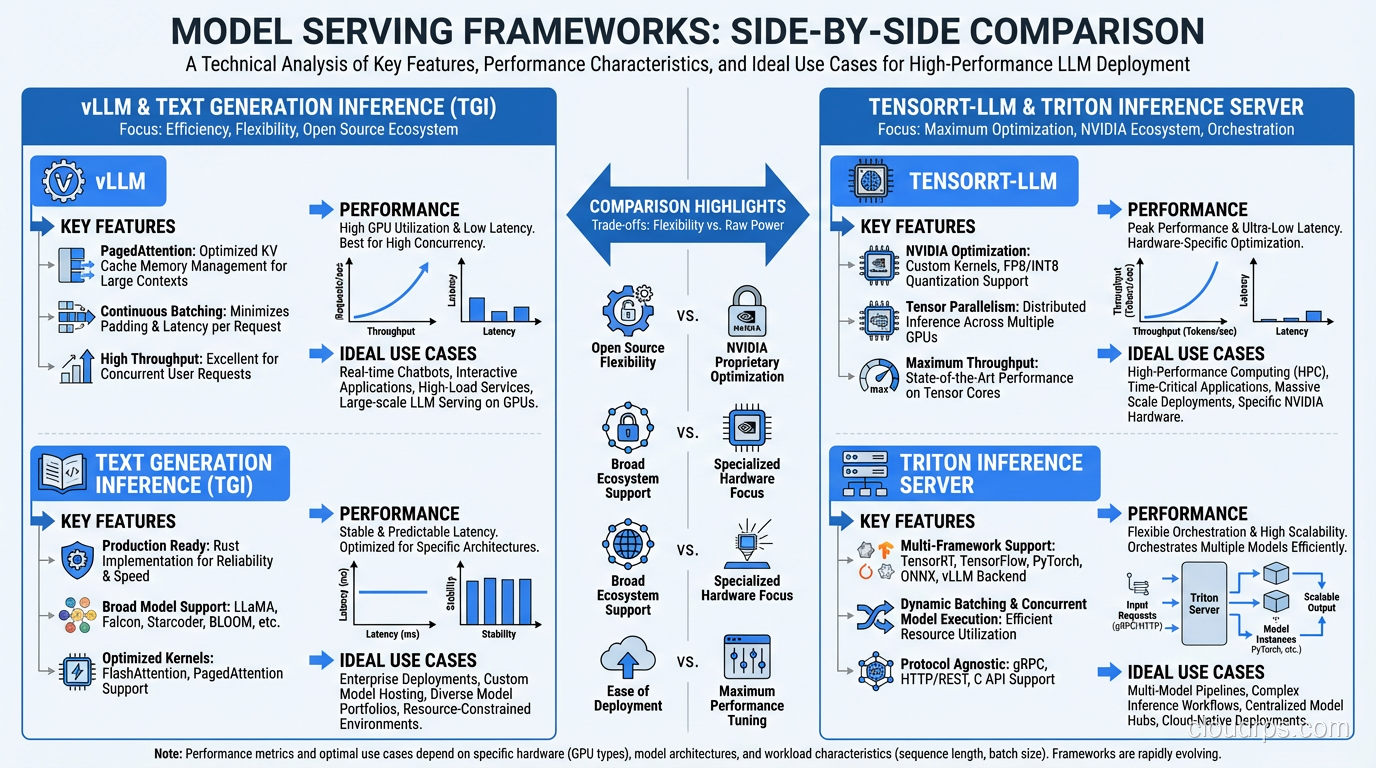 Side-by-side comparison of model serving frameworks vLLM, TensorRT-LLM, Triton Inference Server, and Text Generation Inference, highlighting key features, performance characteristics, and ideal use cases for each