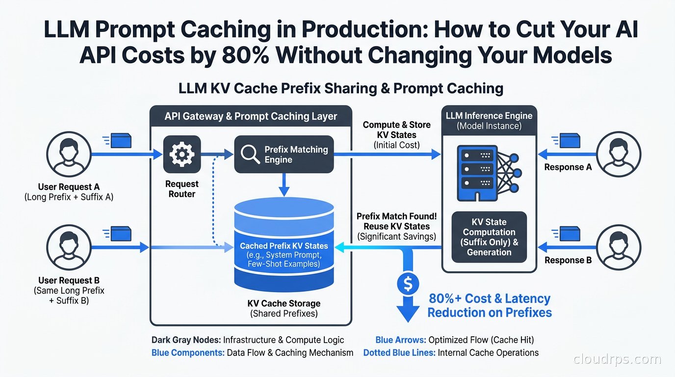 Diagram showing LLM KV cache prefix sharing and prompt caching architecture for production AI systems