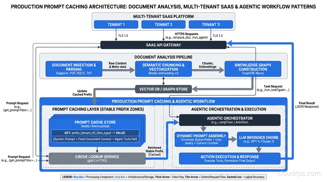 Production prompt caching architecture showing document analysis, multi-tenant SaaS, and agentic workflow patterns with stable prefix zones