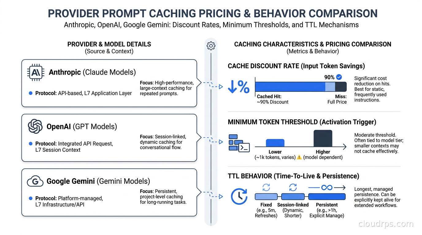 Provider prompt caching pricing comparison: Anthropic, OpenAI, and Google Gemini cache discount rates, minimum token thresholds, and TTL behavior