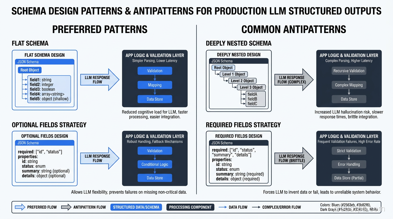 Schema design patterns and common antipatterns for production LLM structured outputs, showing flat versus deeply nested schemas and optional versus required field strategies