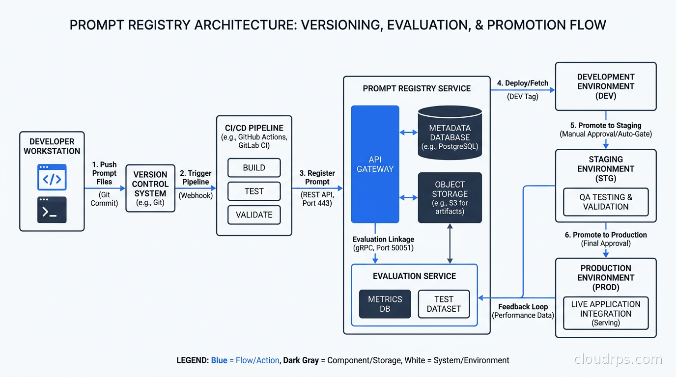 Prompt registry architecture showing versioning, evaluation linkage, and environment promotion workflow