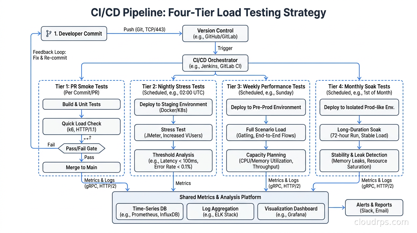 CI/CD pipeline showing four tiers of load testing from PR smoke tests to monthly soak tests