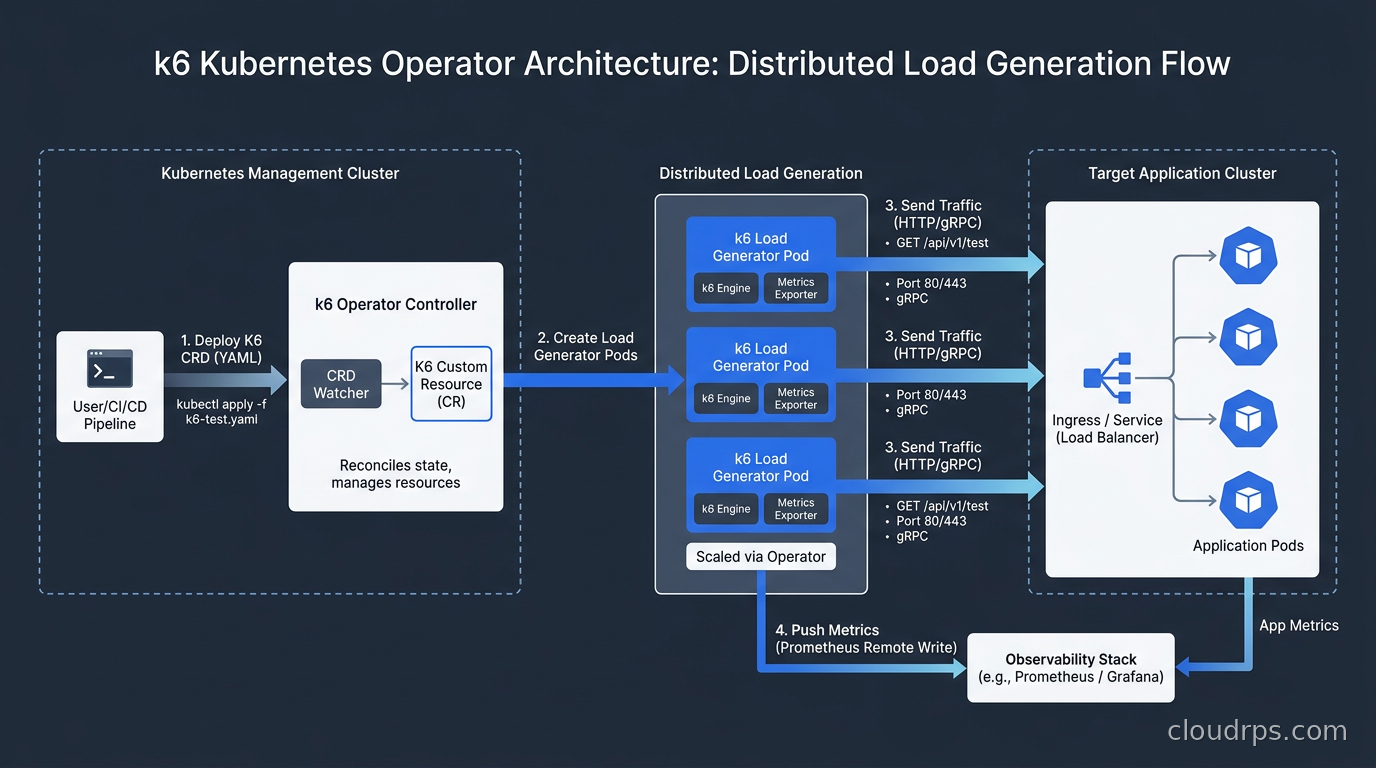k6 Kubernetes operator architecture with distributed load generation pods sending traffic to application cluster
