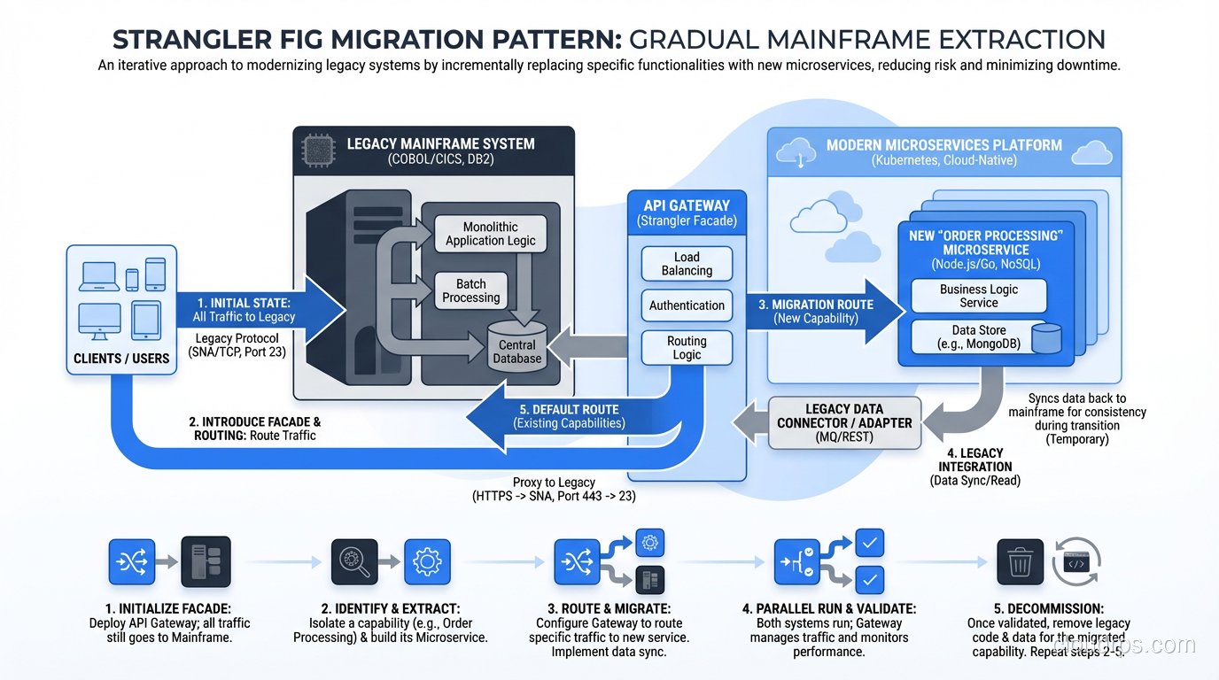Strangler fig migration pattern showing gradual extraction of mainframe capabilities