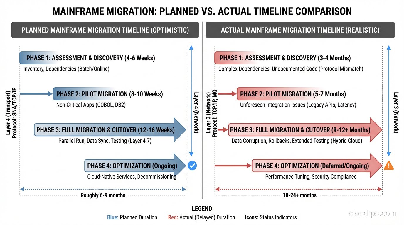 Typical mainframe migration timeline showing planned vs actual durations