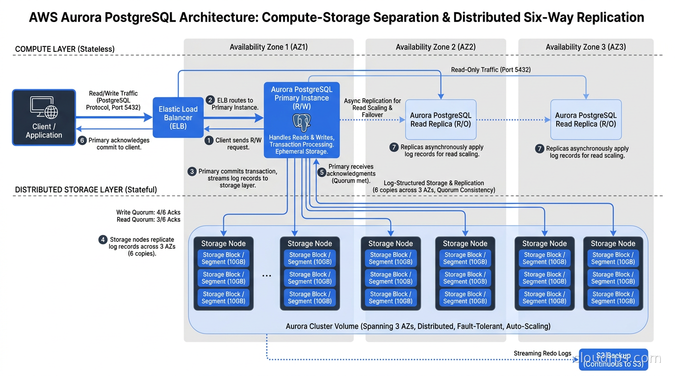 AWS Aurora PostgreSQL architecture showing distributed storage layer with six-way replication across three availability zones and compute separation