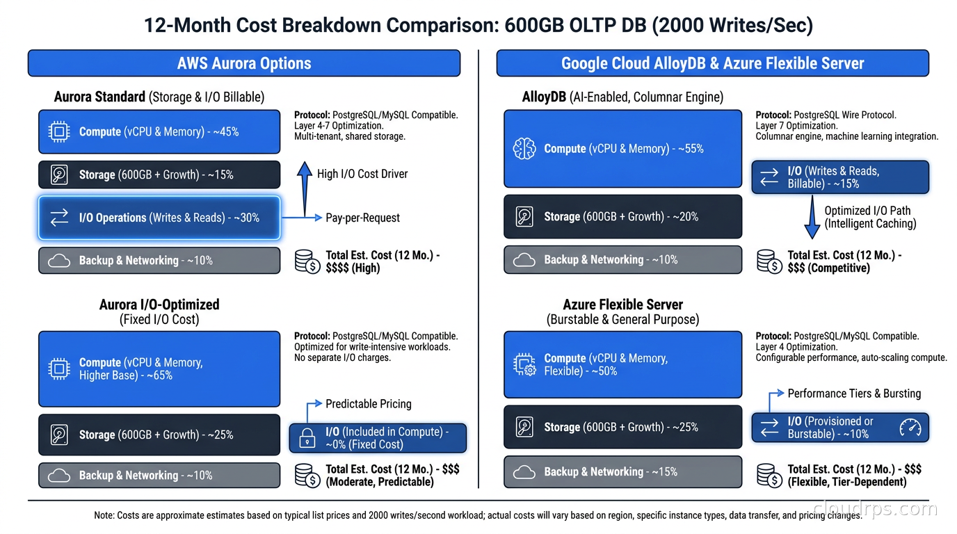 Cost breakdown comparison for a 600GB OLTP database at 2000 writes/second across Aurora standard, Aurora I/O-Optimized, AlloyDB, and Azure Flexible Server over 12 months