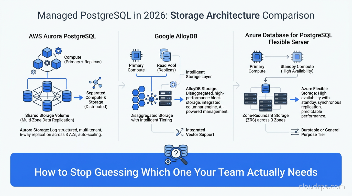 Architecture comparison of AWS Aurora PostgreSQL, Google AlloyDB, and Azure Database for PostgreSQL Flexible Server storage layers