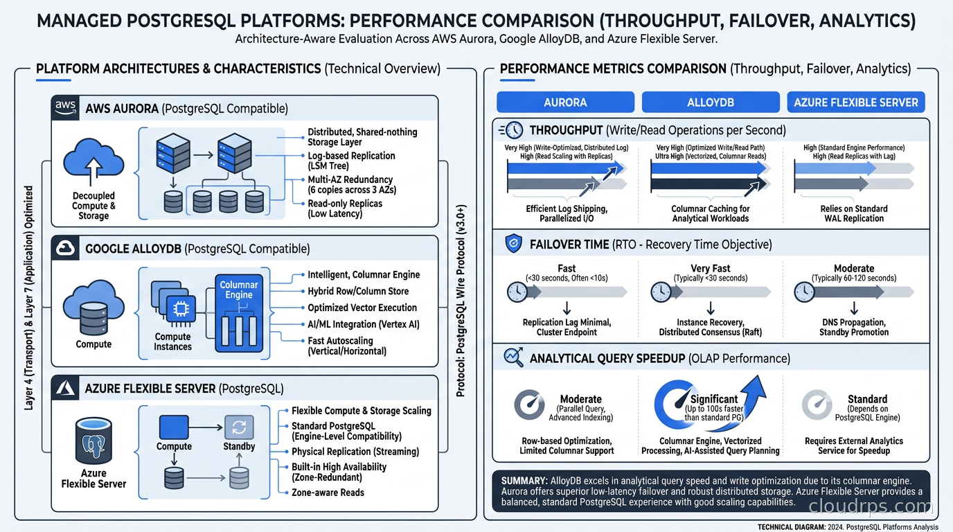 Performance comparison of managed PostgreSQL platforms showing throughput, failover time, and analytical query speedup across Aurora, AlloyDB, and Azure Flexible Server