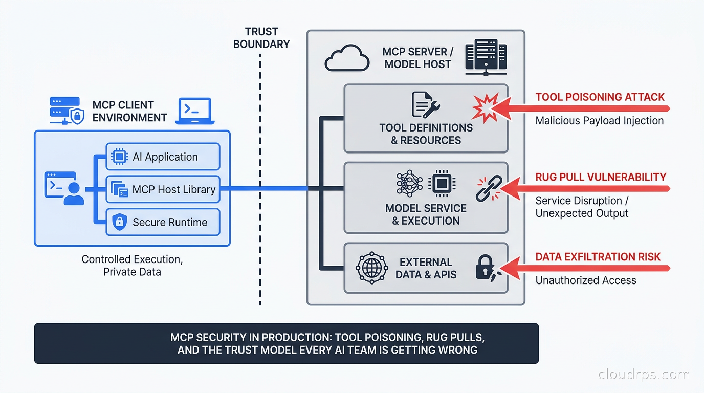 Abstract diagram showing MCP client-server trust boundary with attack vectors illustrated as red arrows piercing tool description boxes