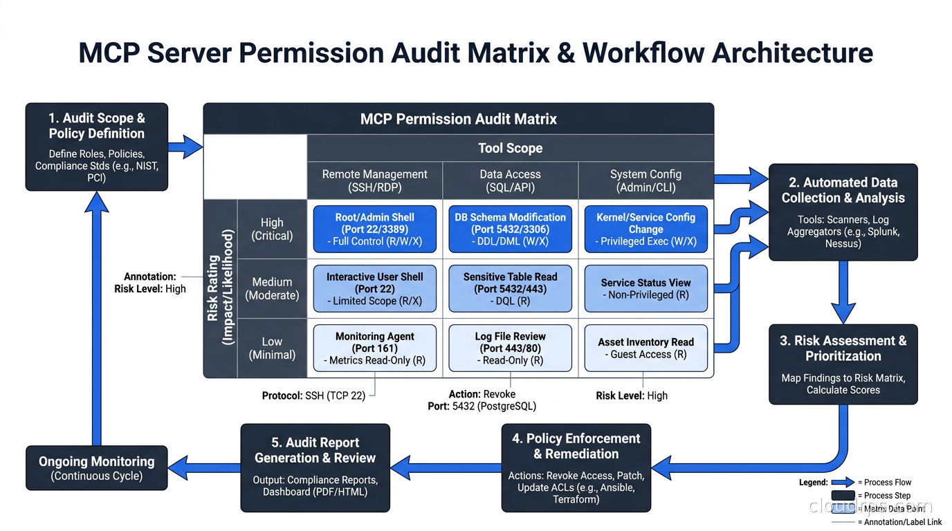Table showing MCP server permission audit matrix with tool scope columns and risk rating rows