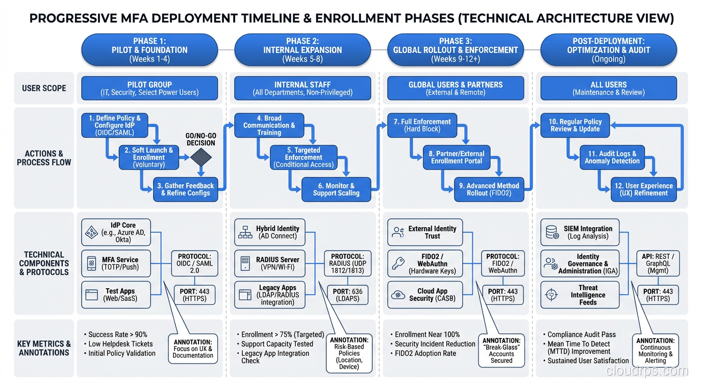 MFA deployment timeline showing progressive enrollment phases