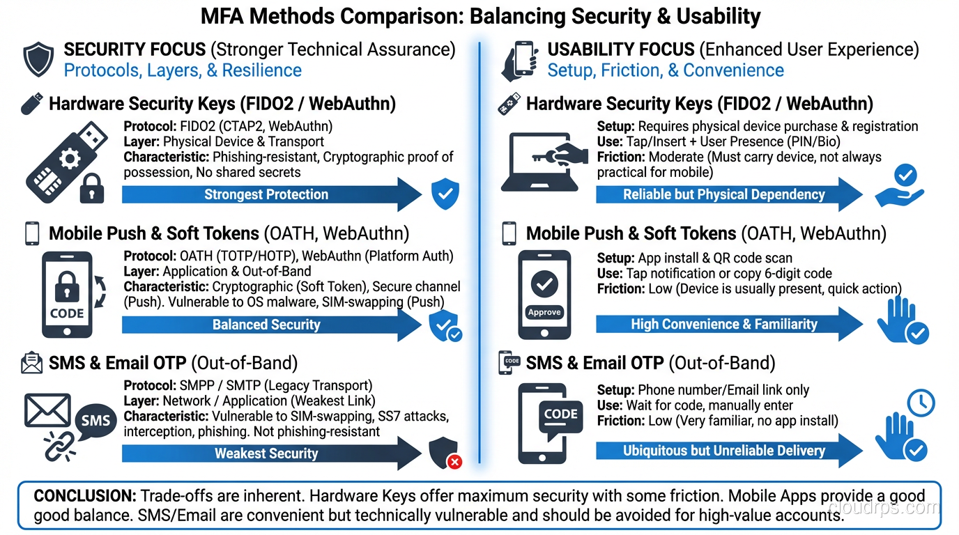 Security and usability comparison chart for different MFA methods