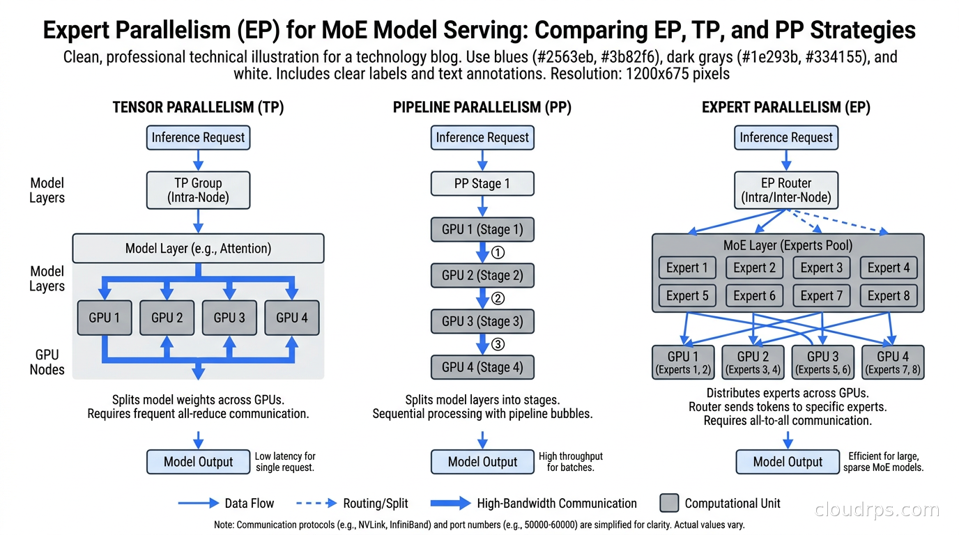 Expert parallelism diagram comparing EP, TP, and PP strategies across GPU nodes for MoE model serving