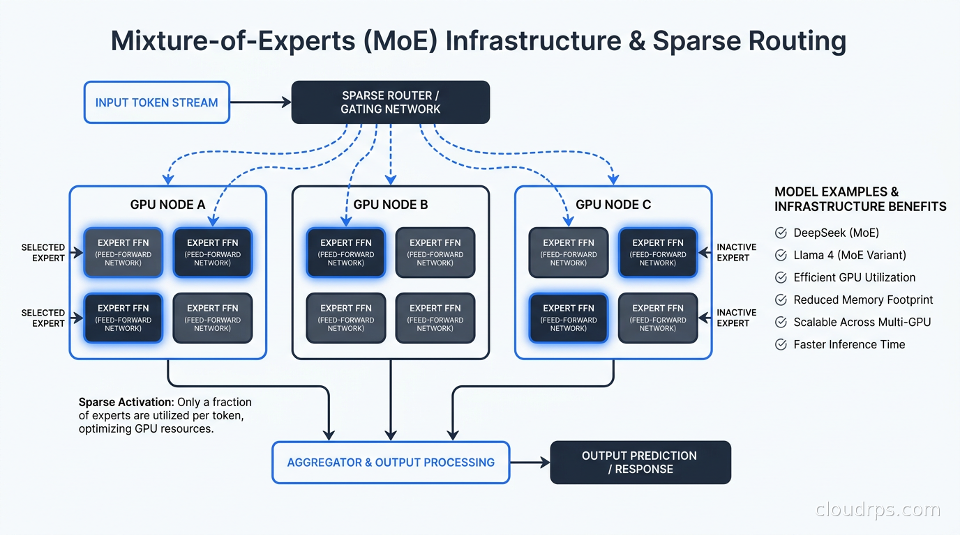 Diagram showing sparse expert routing in a Mixture-of-Experts neural network with tokens flowing to selected expert layers across GPU nodes