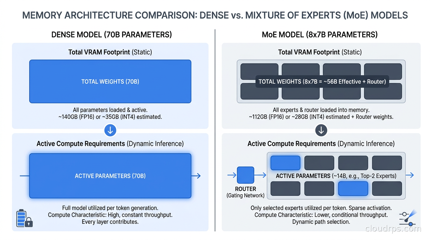 Memory comparison between dense 70B model and equivalent MoE 8x7B model showing total VRAM vs active compute requirements