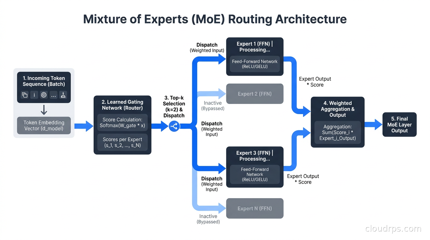MoE routing architecture showing tokens being dispatched to top-k experts by a learned router