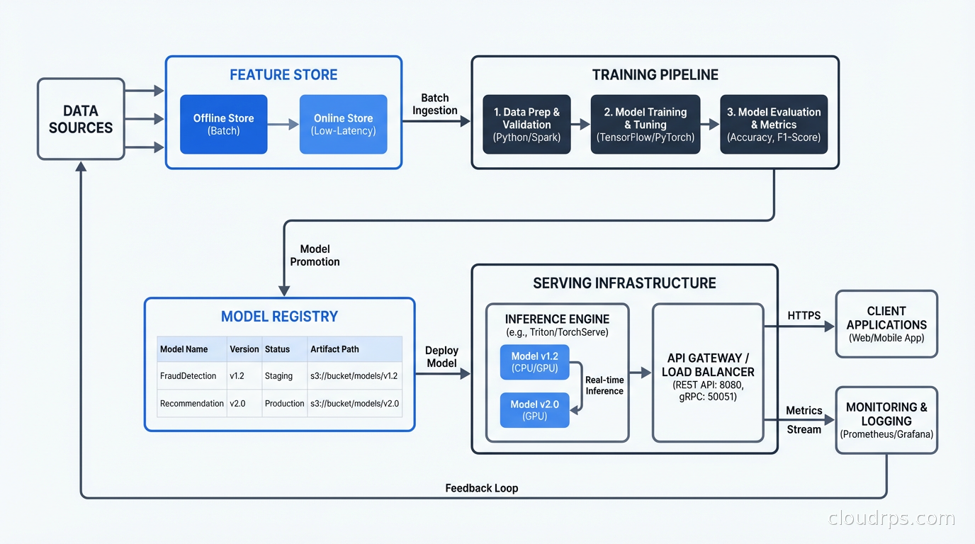 MLOps architecture overview showing training pipeline, feature store, model registry, and serving infrastructure