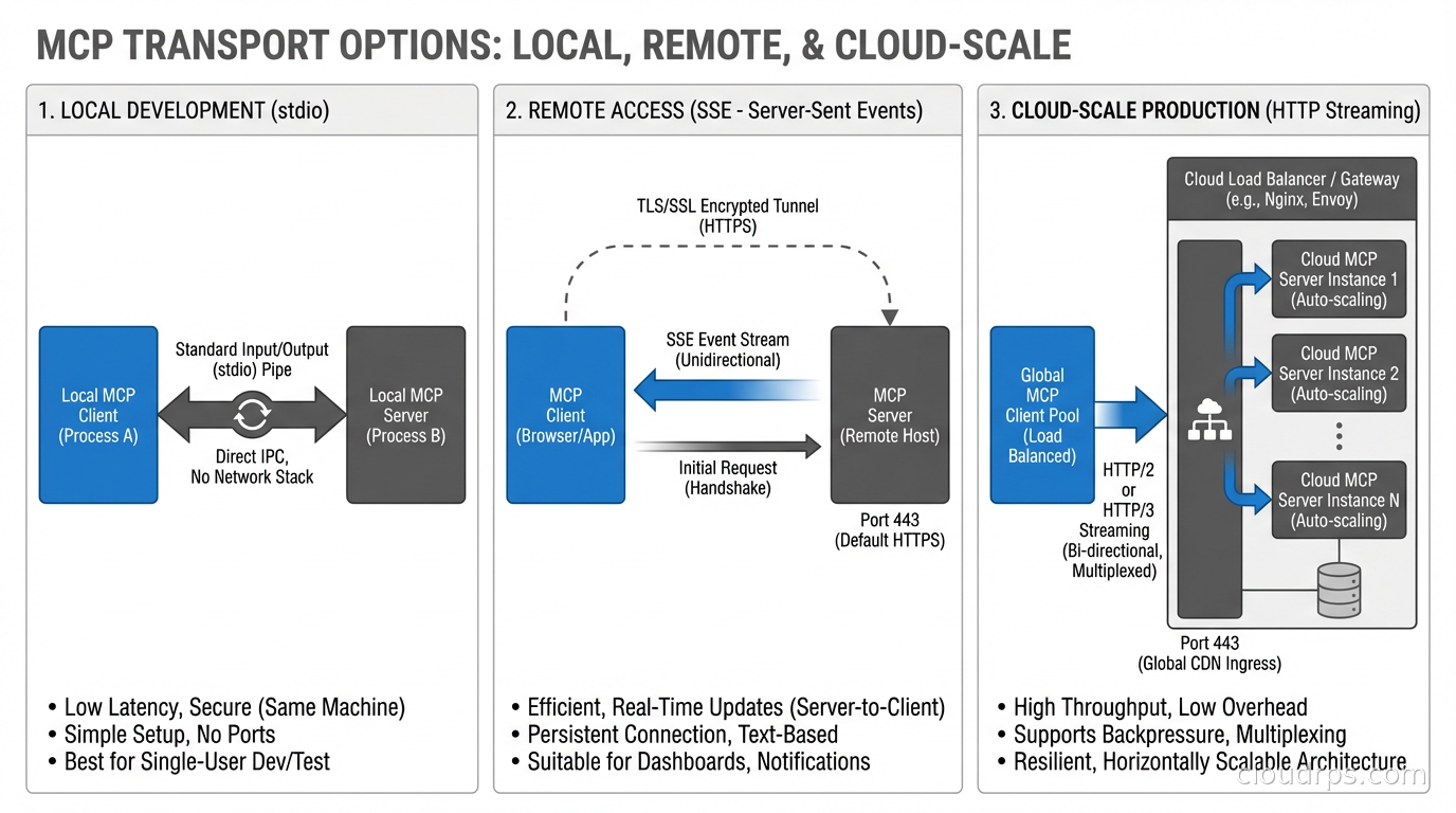 MCP transport options showing stdio for local servers, SSE for remote servers, and HTTP streaming for cloud-scale production deployments