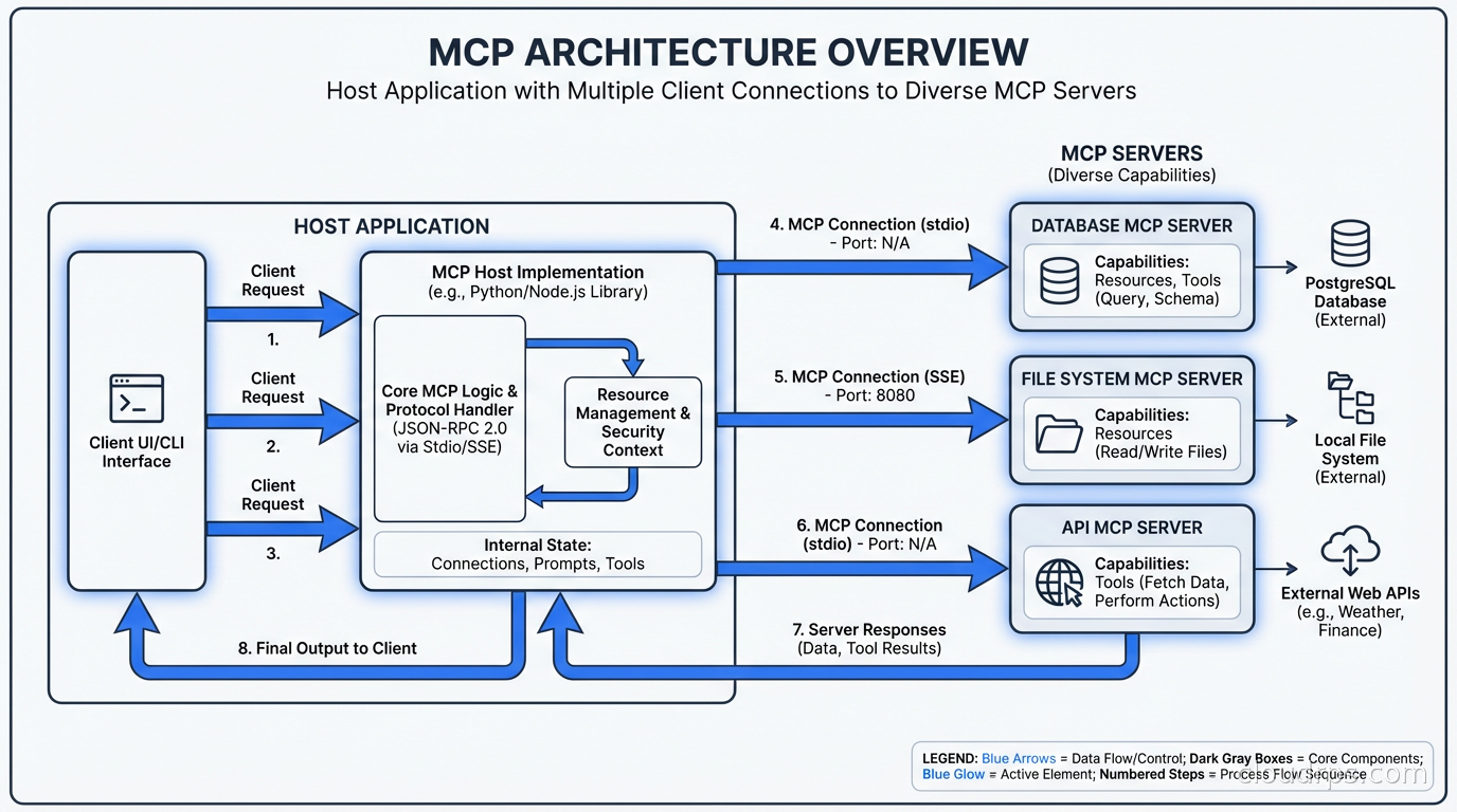 MCP architecture showing host with multiple client connections to diverse MCP servers including database, file system, and API servers