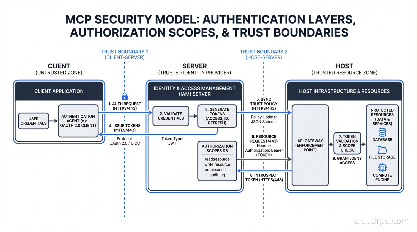 MCP security model showing authentication layers, authorization scopes, and trust boundaries between host, client, and server