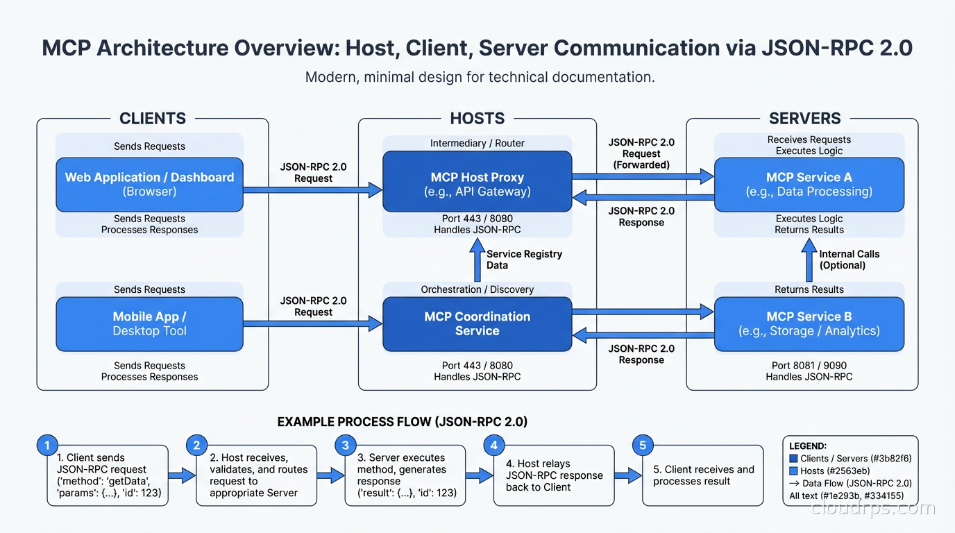 MCP architecture showing hosts, clients, and servers communicating via JSON-RPC 2.0