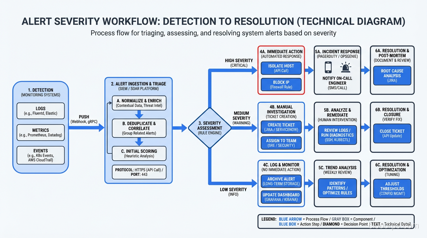 Alert severity workflow showing triage from detection to resolution