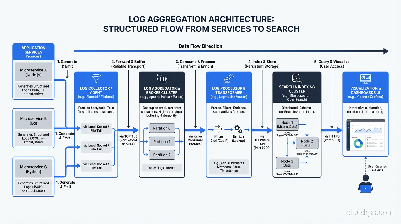 Log aggregation architecture showing structured log flow from services to search