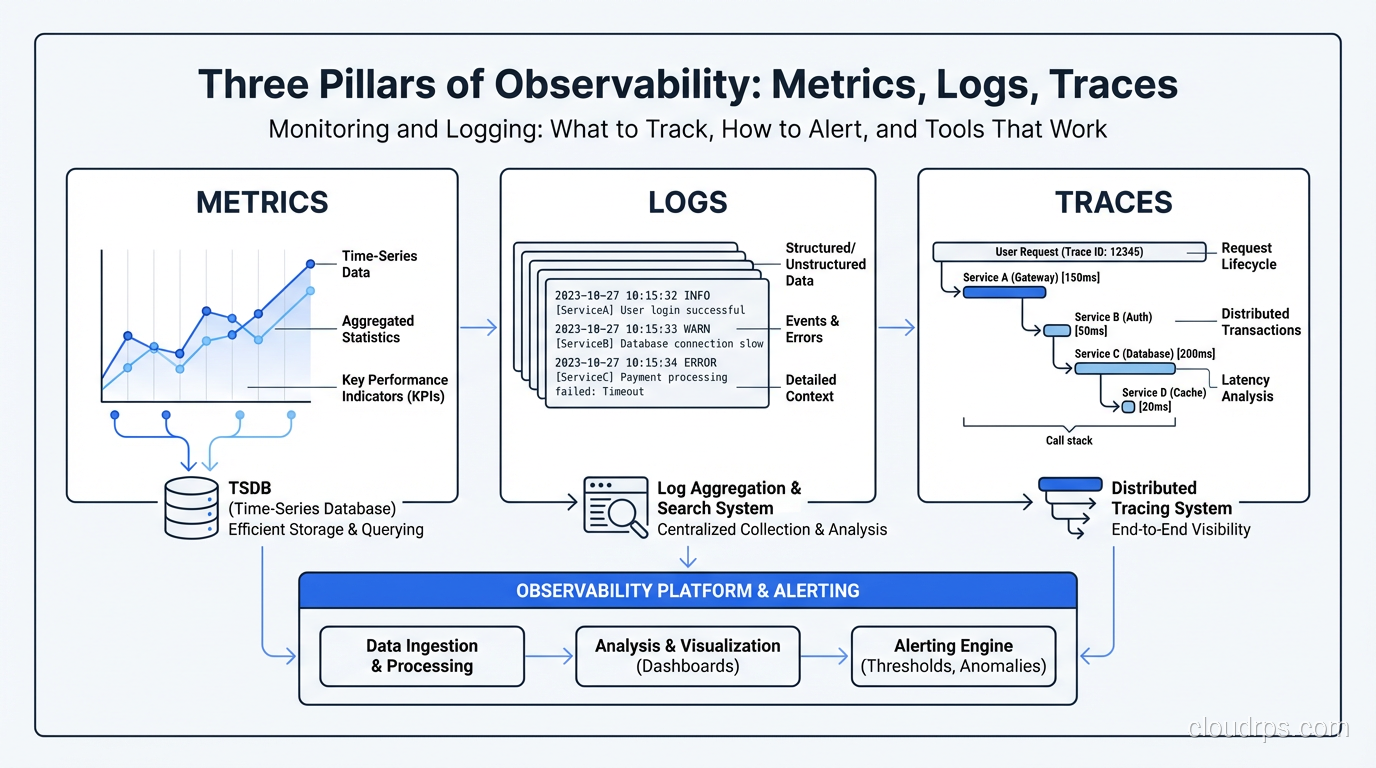 Three pillars of observability: metrics, logs, and traces