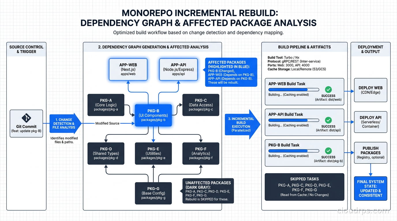 Monorepo dependency graph showing affected packages highlighted for incremental rebuild