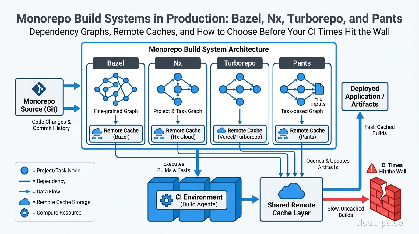 Diagram showing monorepo build system architecture with Bazel, Nx, Turborepo, and Pants dependency graphs and remote cache layers