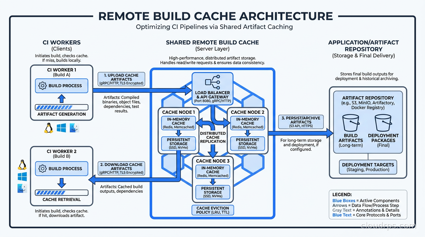 Remote build cache architecture showing CI workers uploading and downloading artifacts through a shared cache layer
