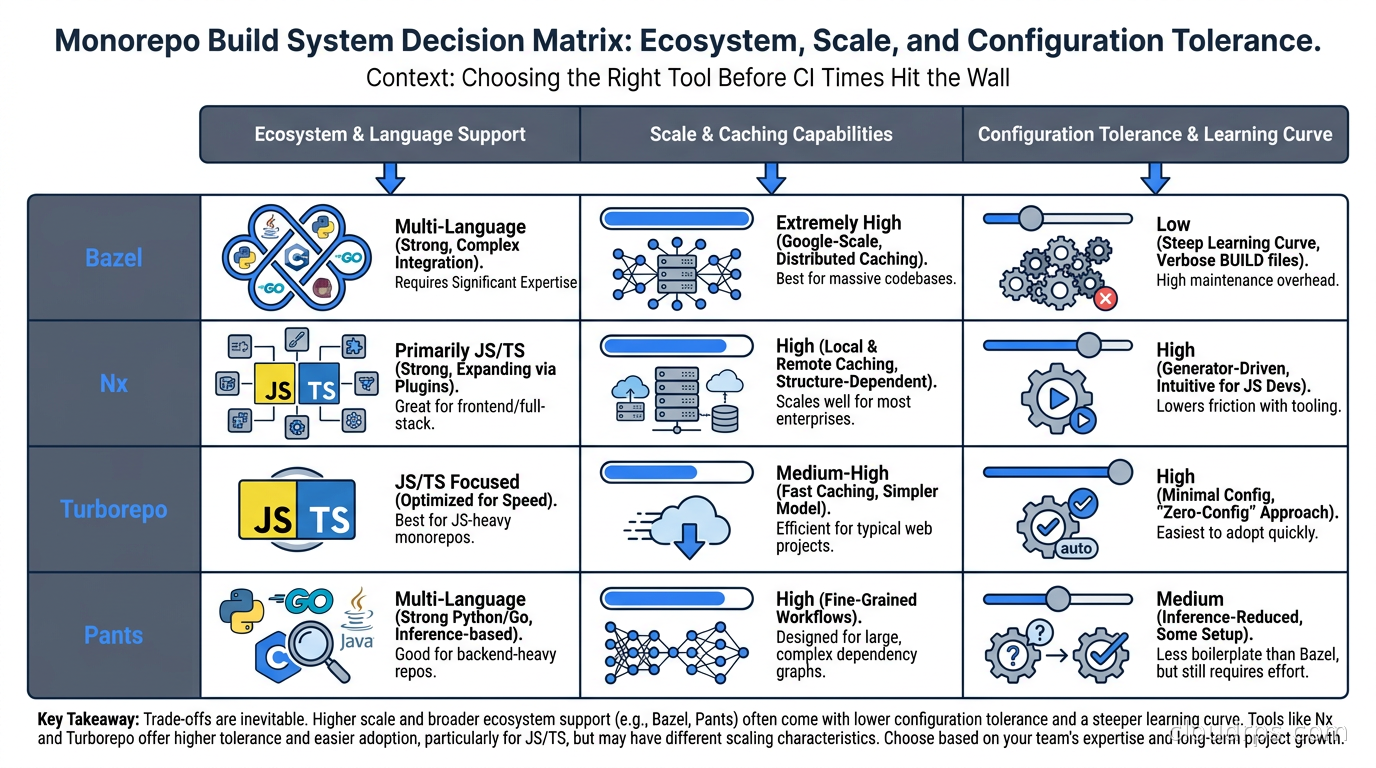 Decision matrix for choosing between Bazel, Nx, Turborepo, and Pants based on ecosystem, scale, and configuration tolerance
