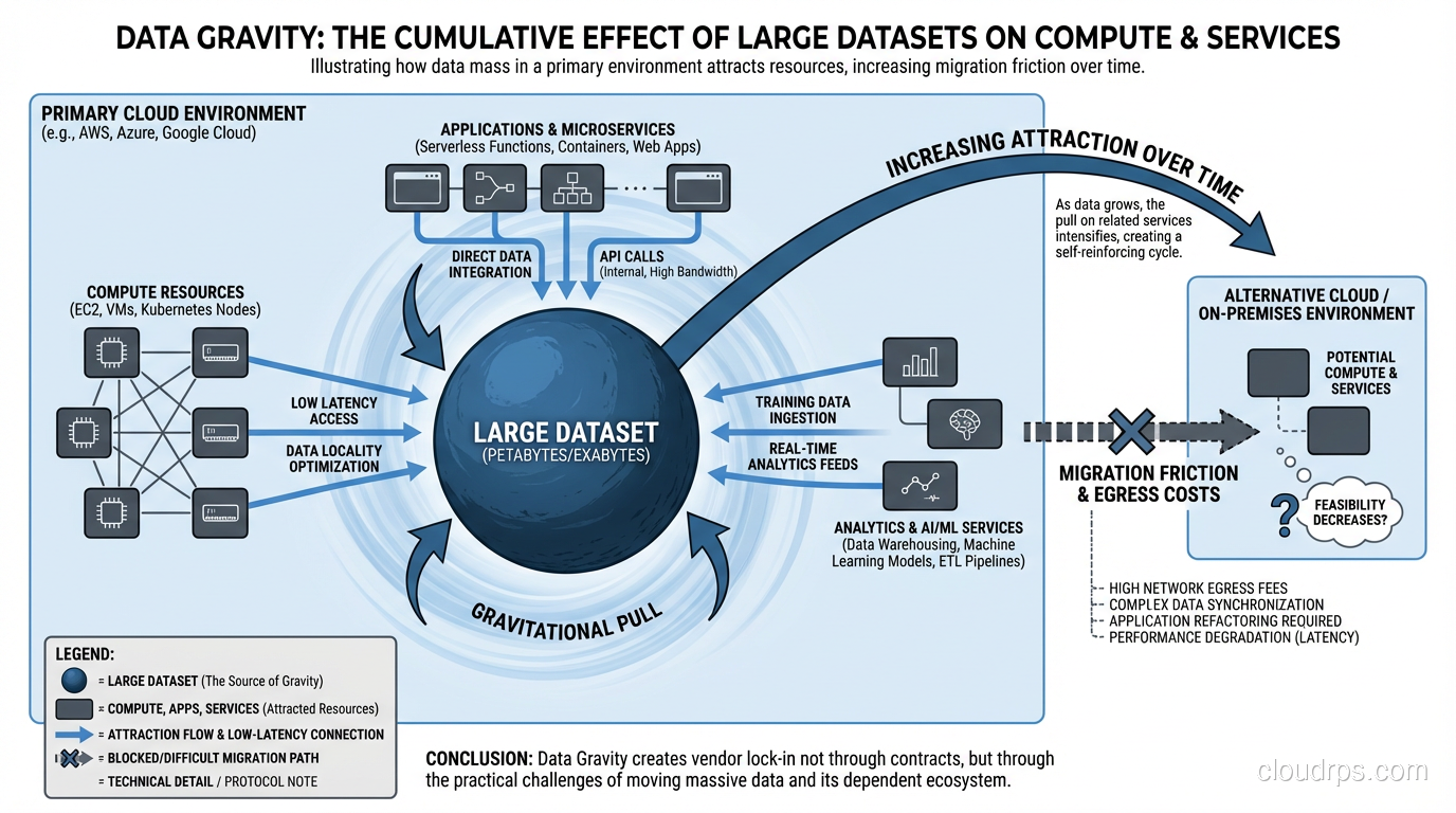 Data gravity diagram illustrating how large datasets in one cloud attract compute, applications, and services, making migration increasingly difficult over time