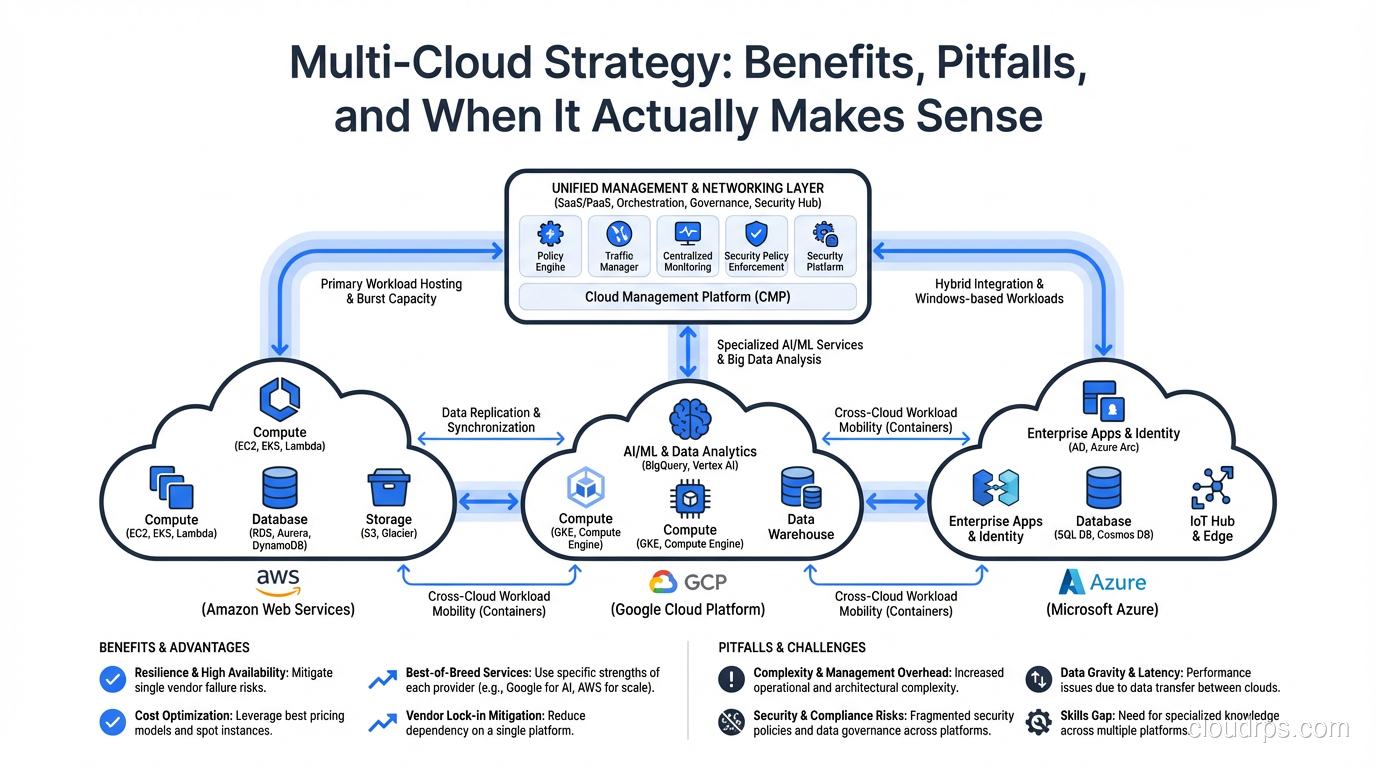 Architecture diagram showing workloads distributed across AWS, GCP, and Azure with a centralized management and networking layer connecting them