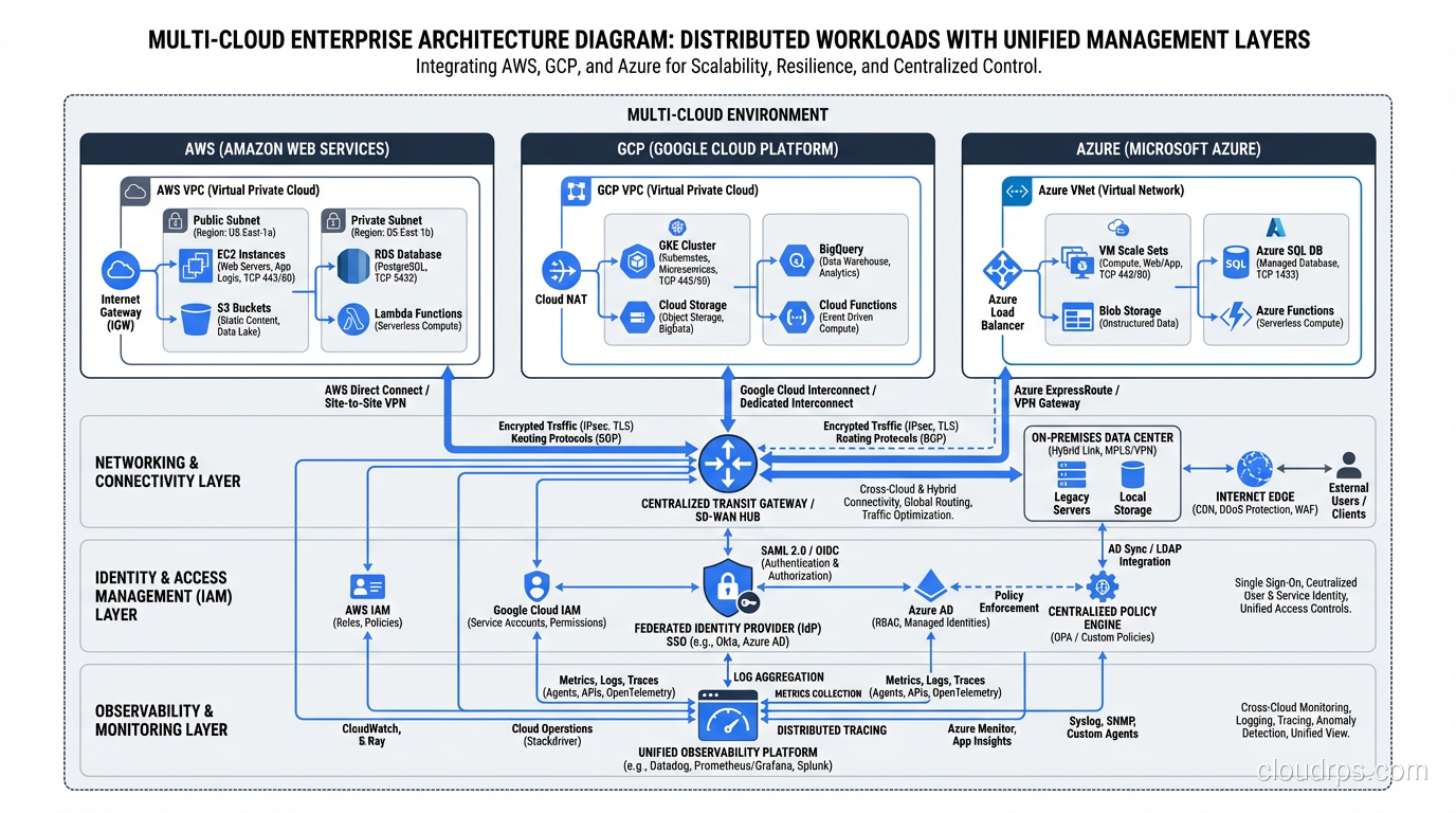 Multi-cloud architecture diagram showing workloads distributed across AWS, GCP, and Azure with networking, identity, and observability layers spanning all three