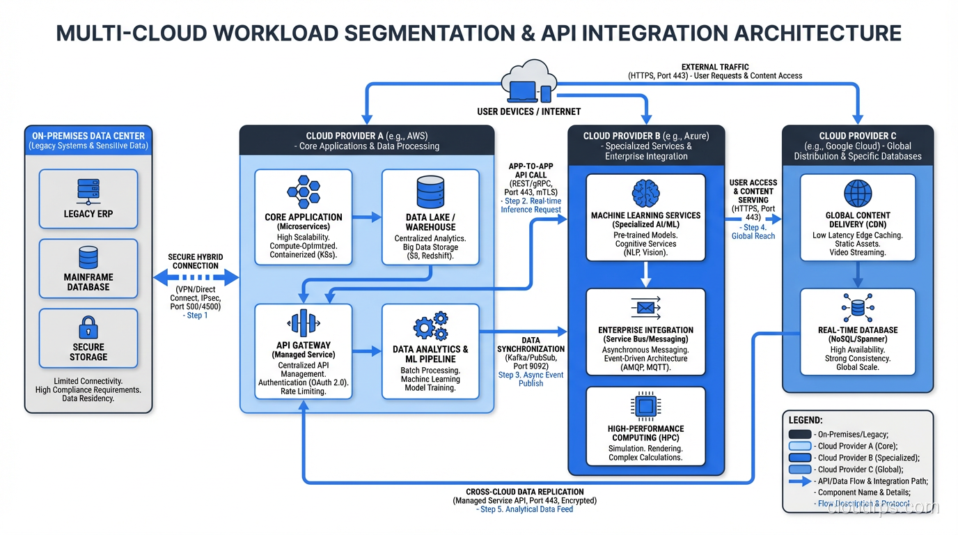 Workload segmentation diagram showing different applications assigned to different cloud providers based on best fit, with API-based integration between them
