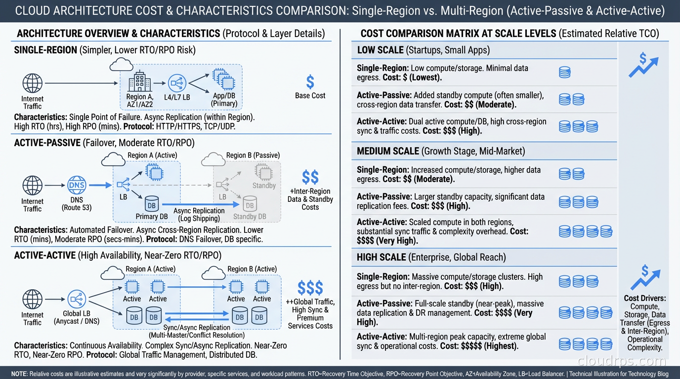 Cost comparison matrix for single-region, active-passive, and active-active architectures at different scale levels