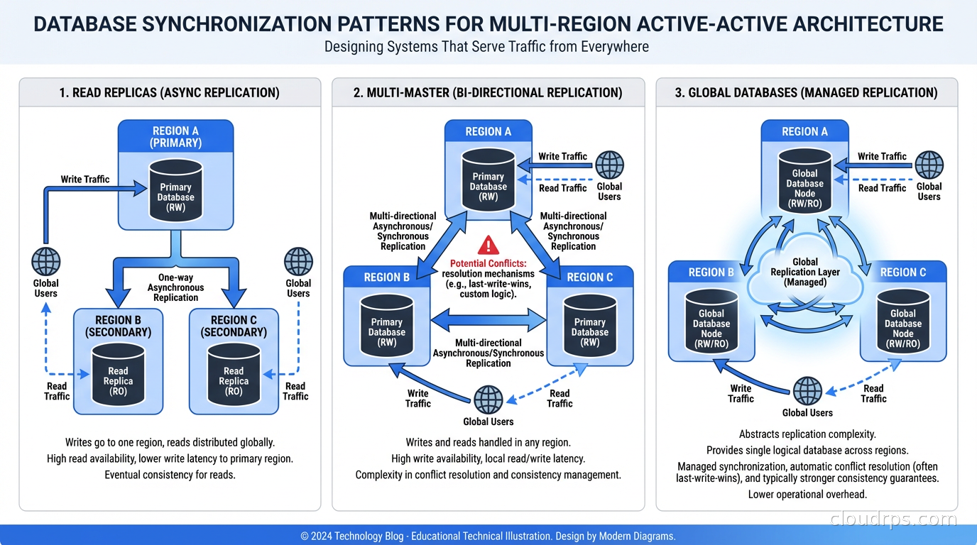 Database synchronization patterns for multi-region active-active: read replicas, multi-master, global databases