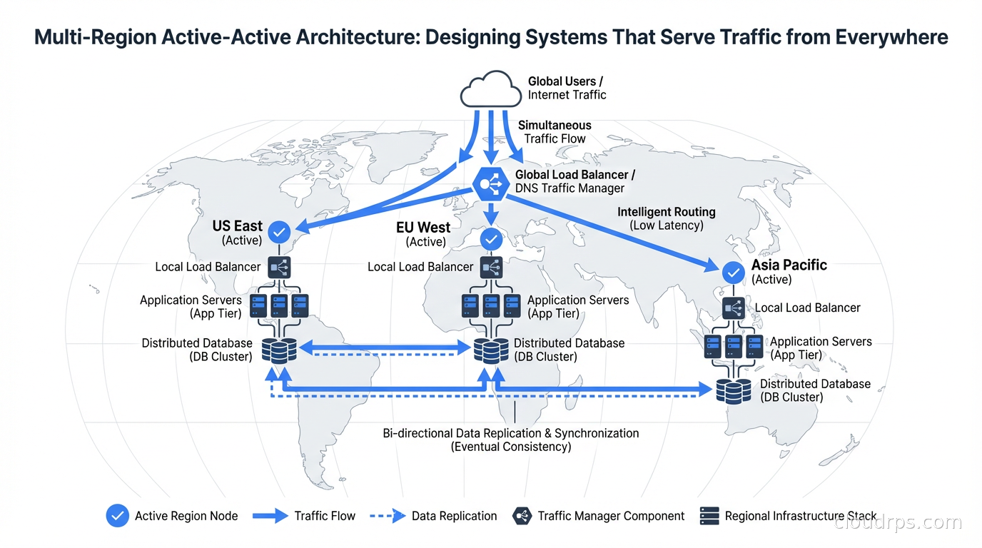 Global map showing active-active multi-region architecture with traffic flowing to multiple regions simultaneously