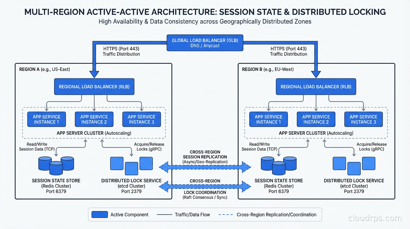 Multi-region active-active service architecture with session state replication and distributed lock coordination