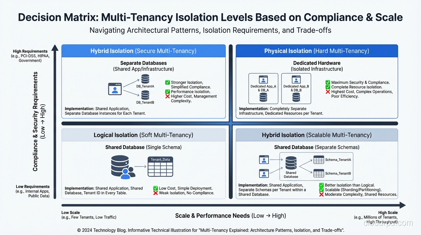 Decision matrix for choosing multi-tenancy isolation levels based on compliance and scale requirements
