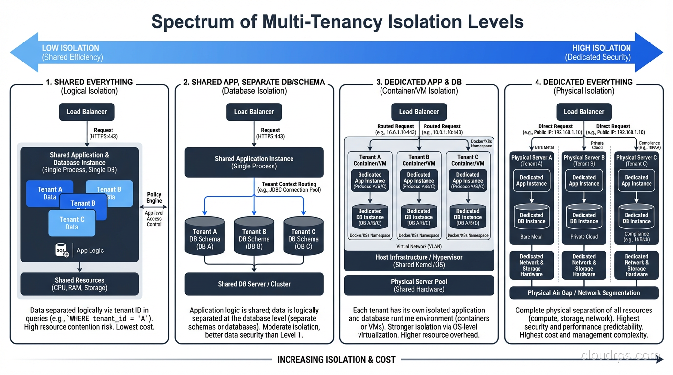 Spectrum diagram showing multi-tenancy isolation levels from shared everything to dedicated everything